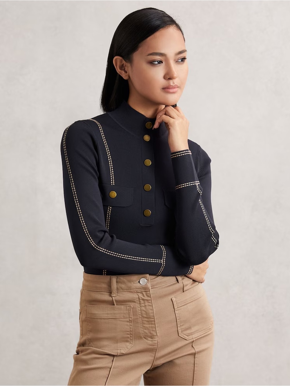 NWT - Reiss - Eva Contrast-Stitch Knit Top - Navy
